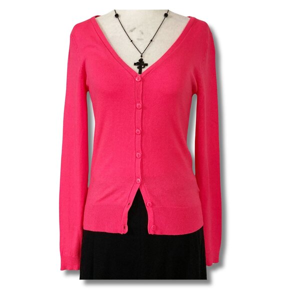 H&M Neon pink long sleeve v-neck cardigan ~ XS SMALL Barbie hot pink sweater - Picture 1 of 10